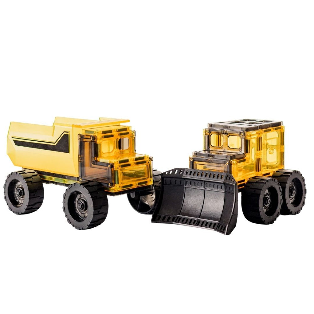Magnetic tile mega mover construction vehicle set with yellow dump truck and bulldozer on a white background