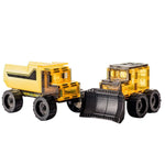 Magnetic tile mega mover construction vehicle set with yellow dump truck and bulldozer on a white background