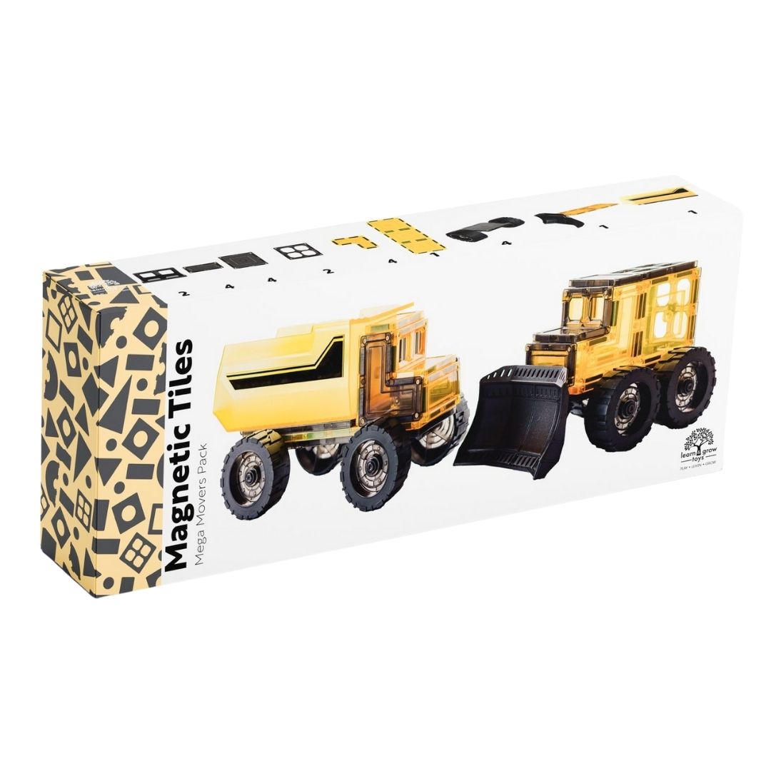 Box of magnetic tiles with construction vehicle called mega movers on a white background