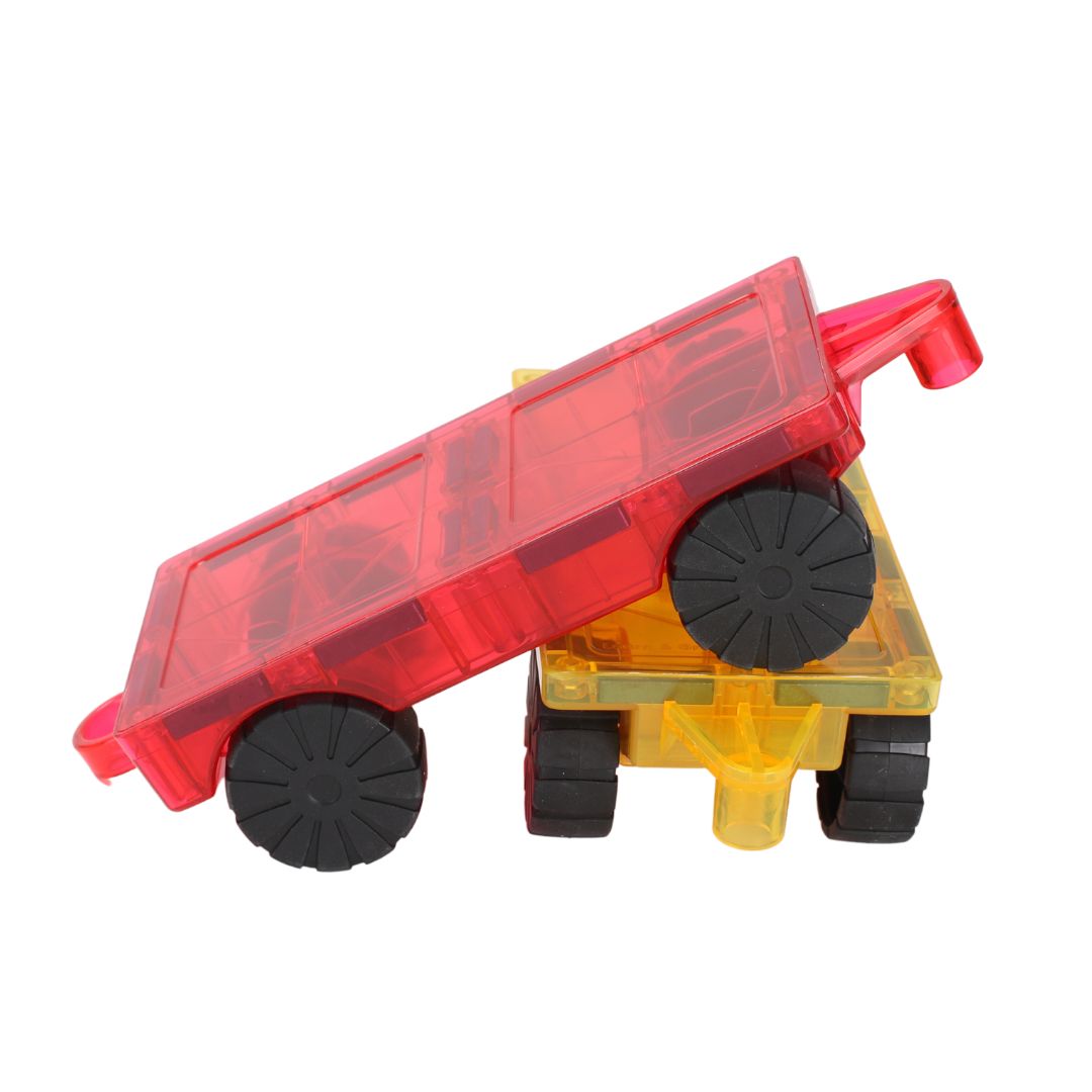 Red magnetic tile car base sitting on top of yellow magnetic tile car base