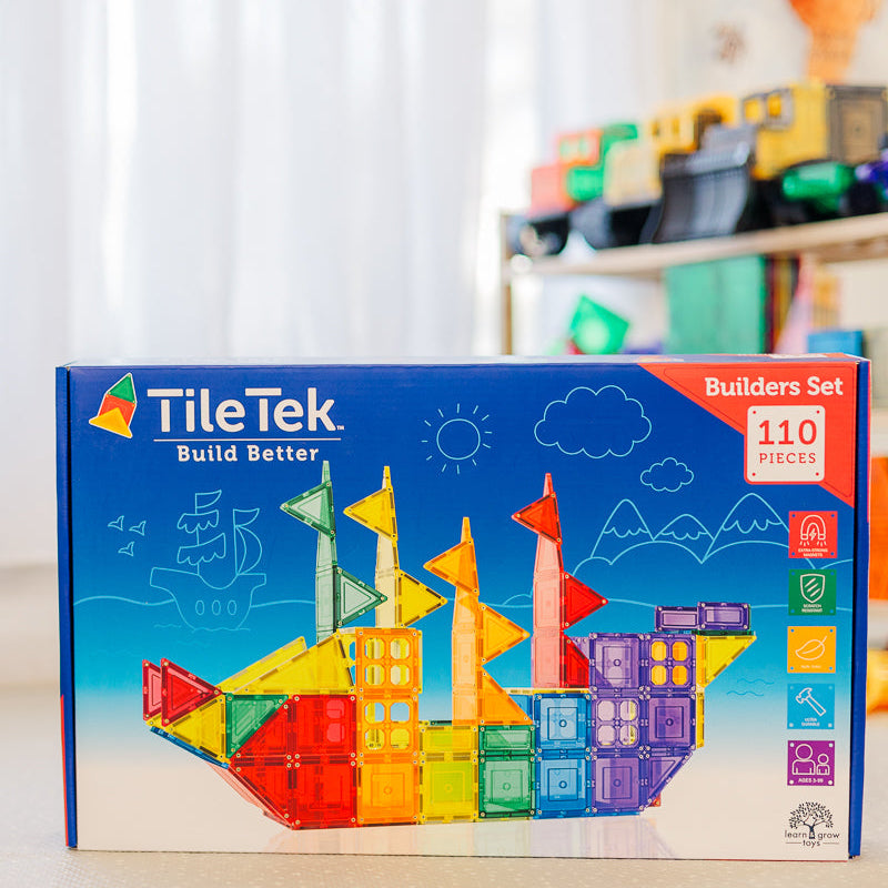 Tile Tek building set box with colourful design on a white surface