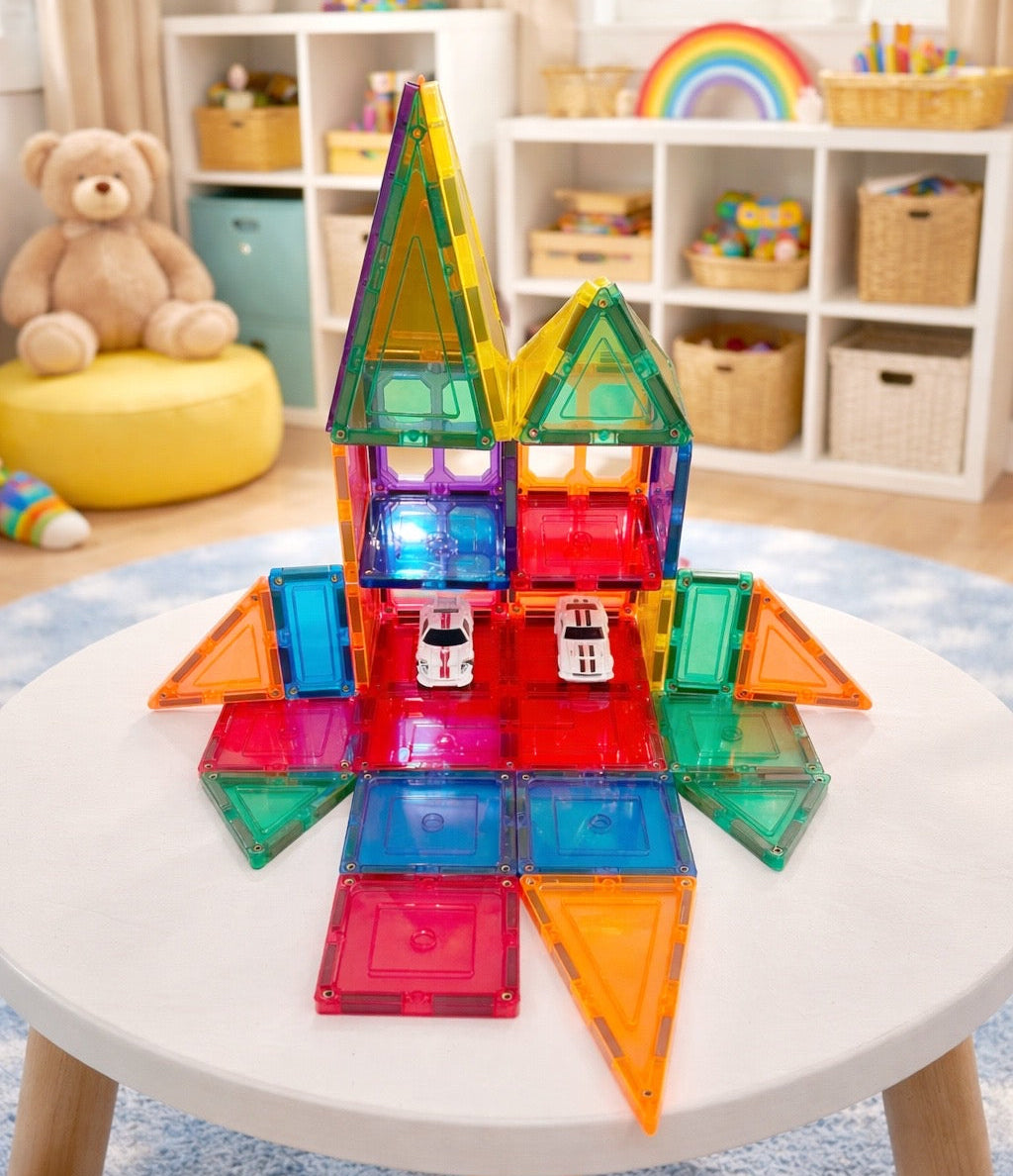Colourful magnetic tiles making a car garage on a white table in a child's playroom.
