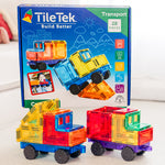 Colourful magnetic tile car with 'TileTek' packaging on a light background