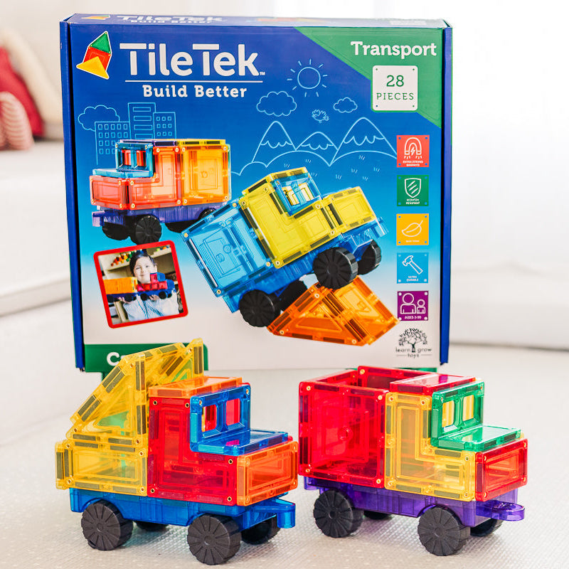 Colourful magnetic tile car with 'TileTek' packaging on a light background