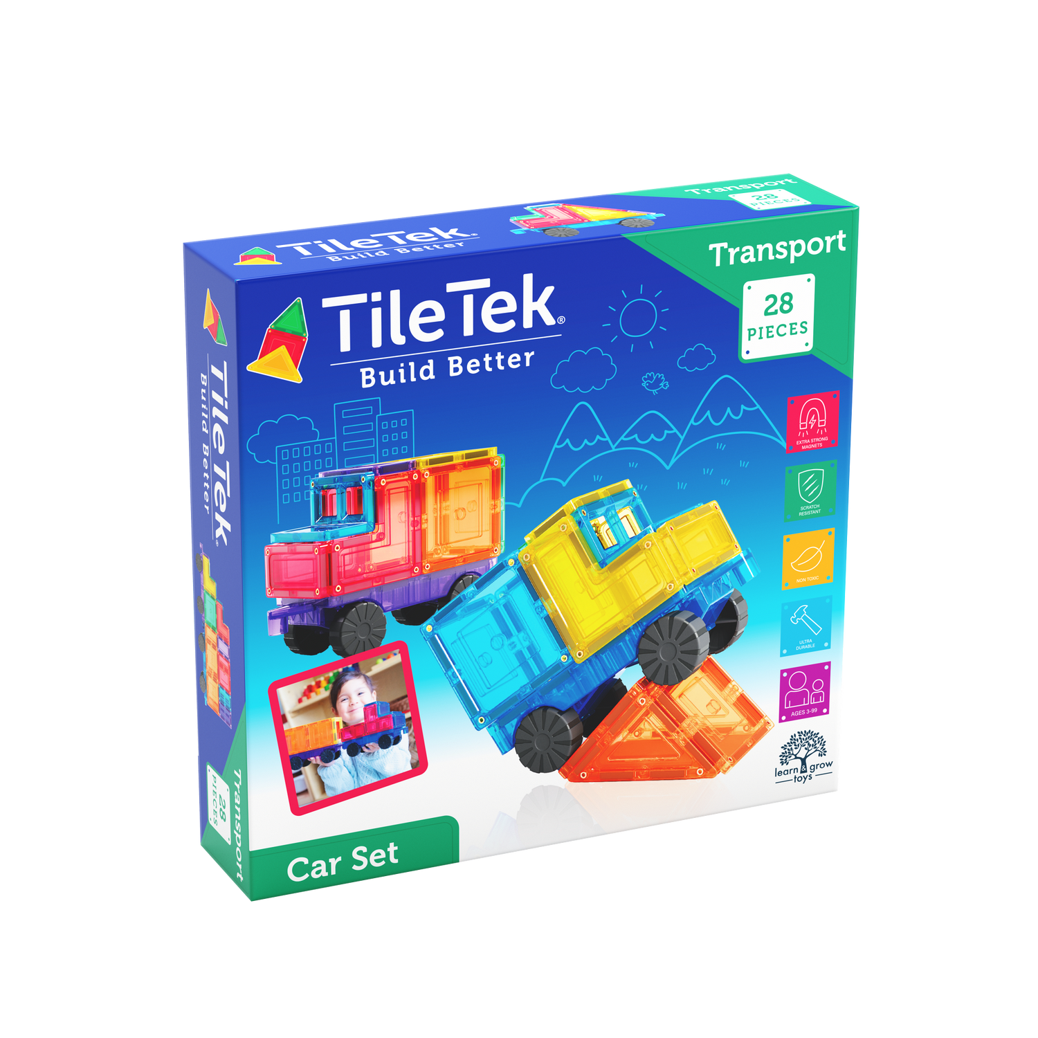 Learn & Grow Toys - Magnetic Tiles - Car Pack (28 Τεμάχια)