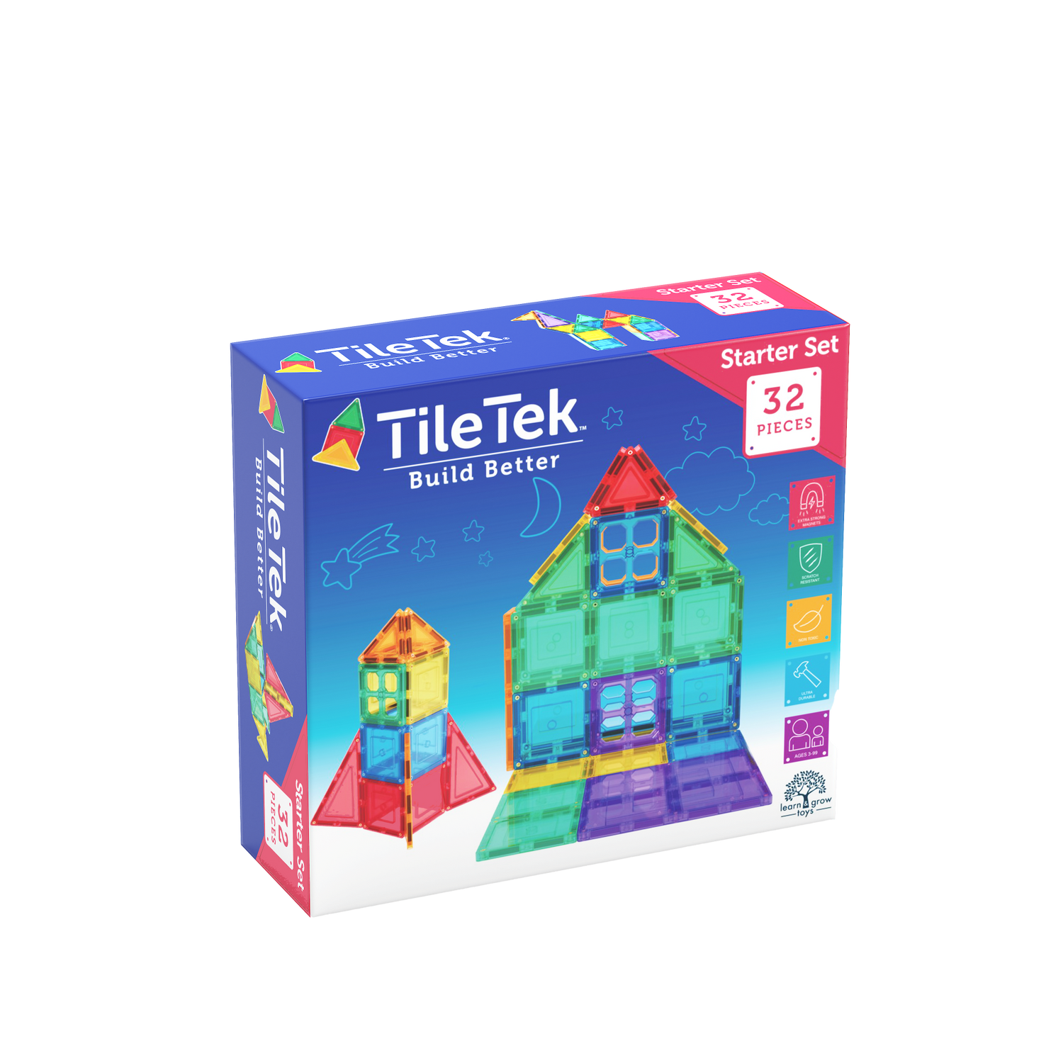 Learn & Grow Toys - Magnetic Tiles - Base Pack (64 Τεμάχια)