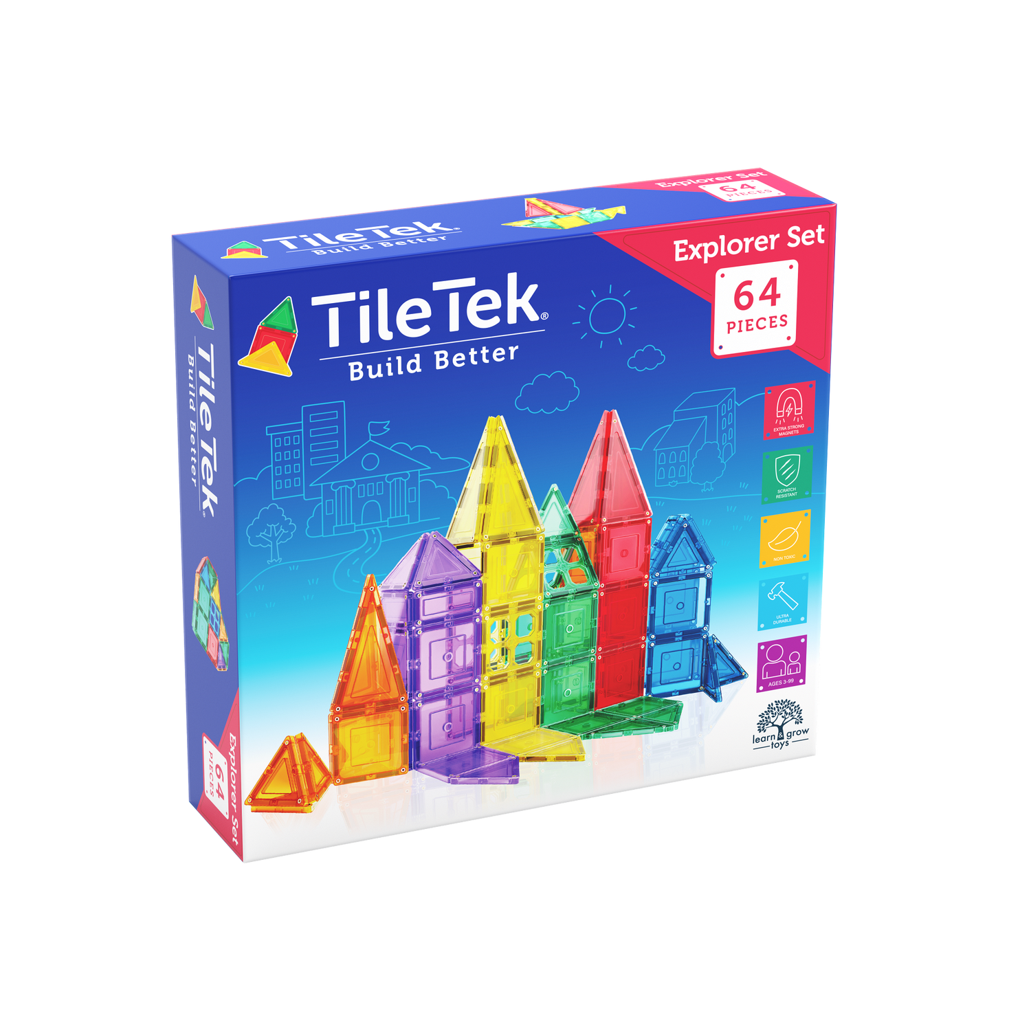 TileTek building block set packaging with colourful blocks on a white background