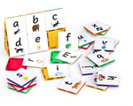 Alphabet tile toppers with letters and illustrations on a white background