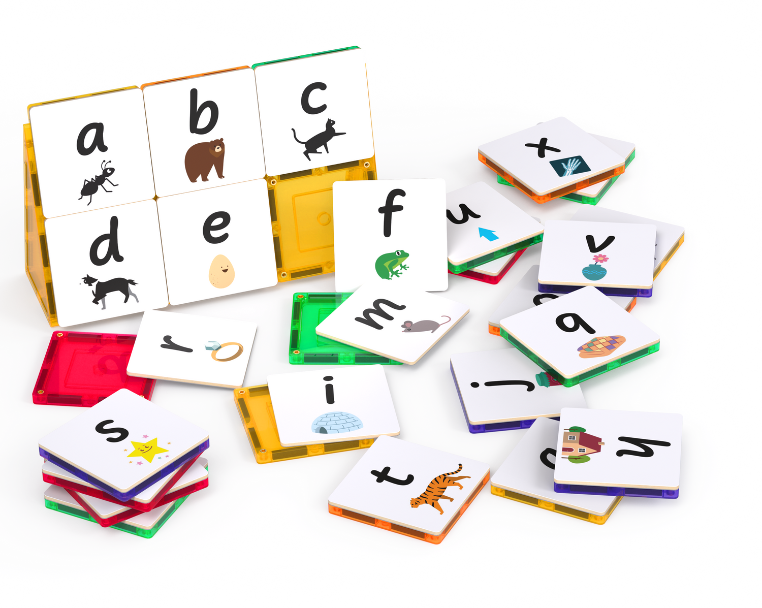 Alphabet tile toppers with letters and illustrations on a white background