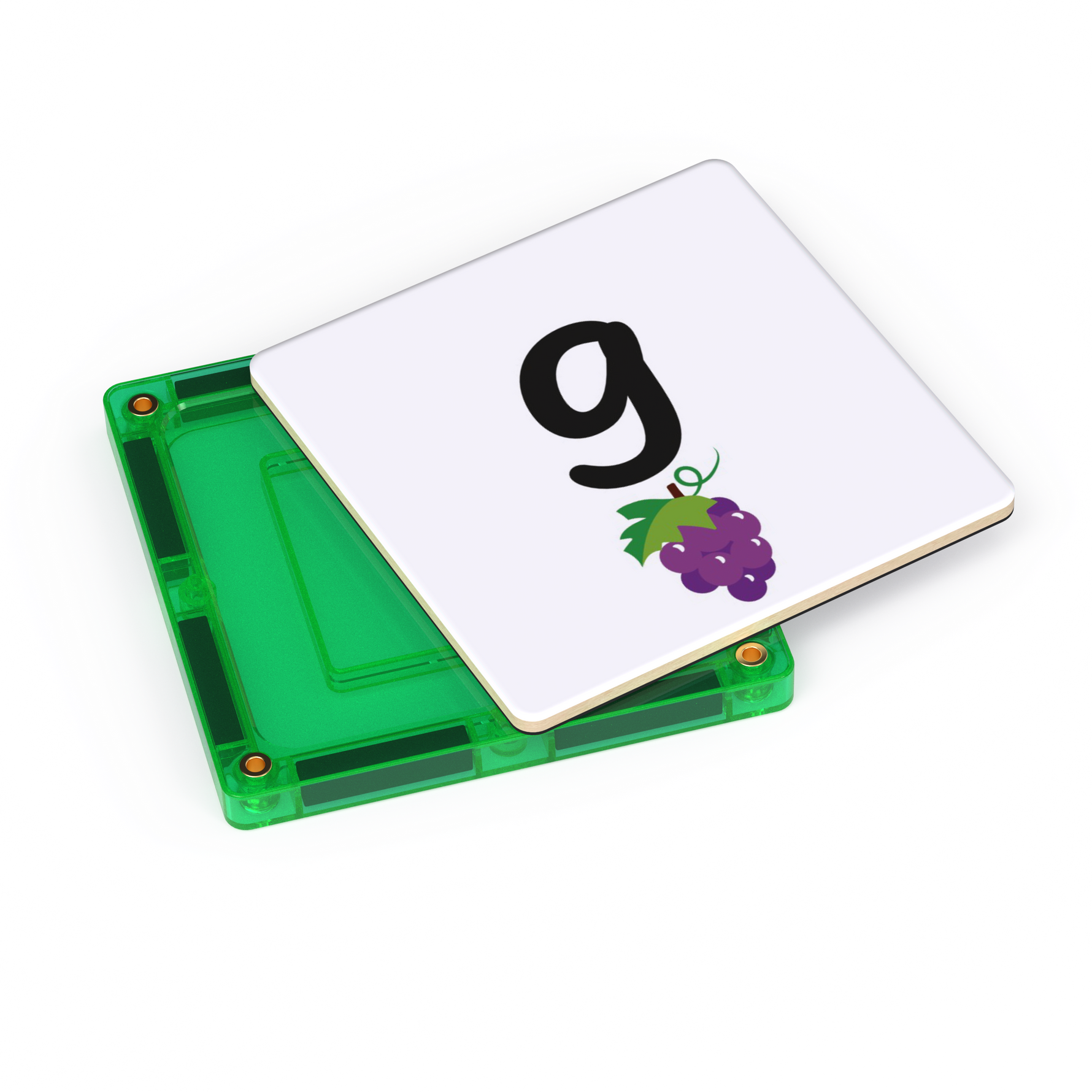 Green plastic tile with a tile topper displaying the letterg and a grape illustration on a white background