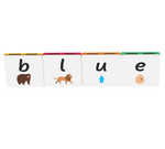 Colourful alphabet tile toppers spelling 'blue' with corresponding animal illustrations on a white background