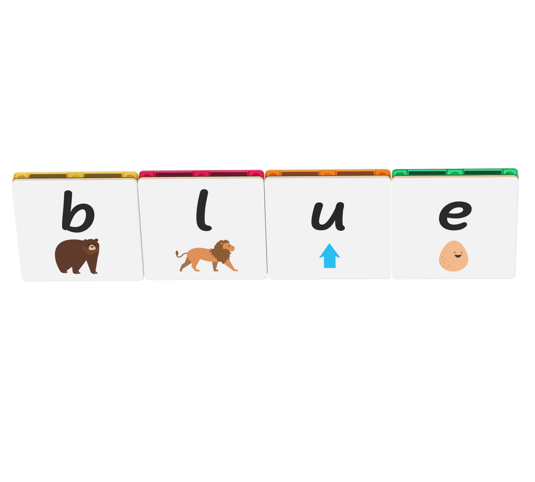 Colourful alphabet tile toppers spelling 'blue' with corresponding animal illustrations on a white background