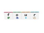 Educational toy with tiles spelling 'four' on a white background