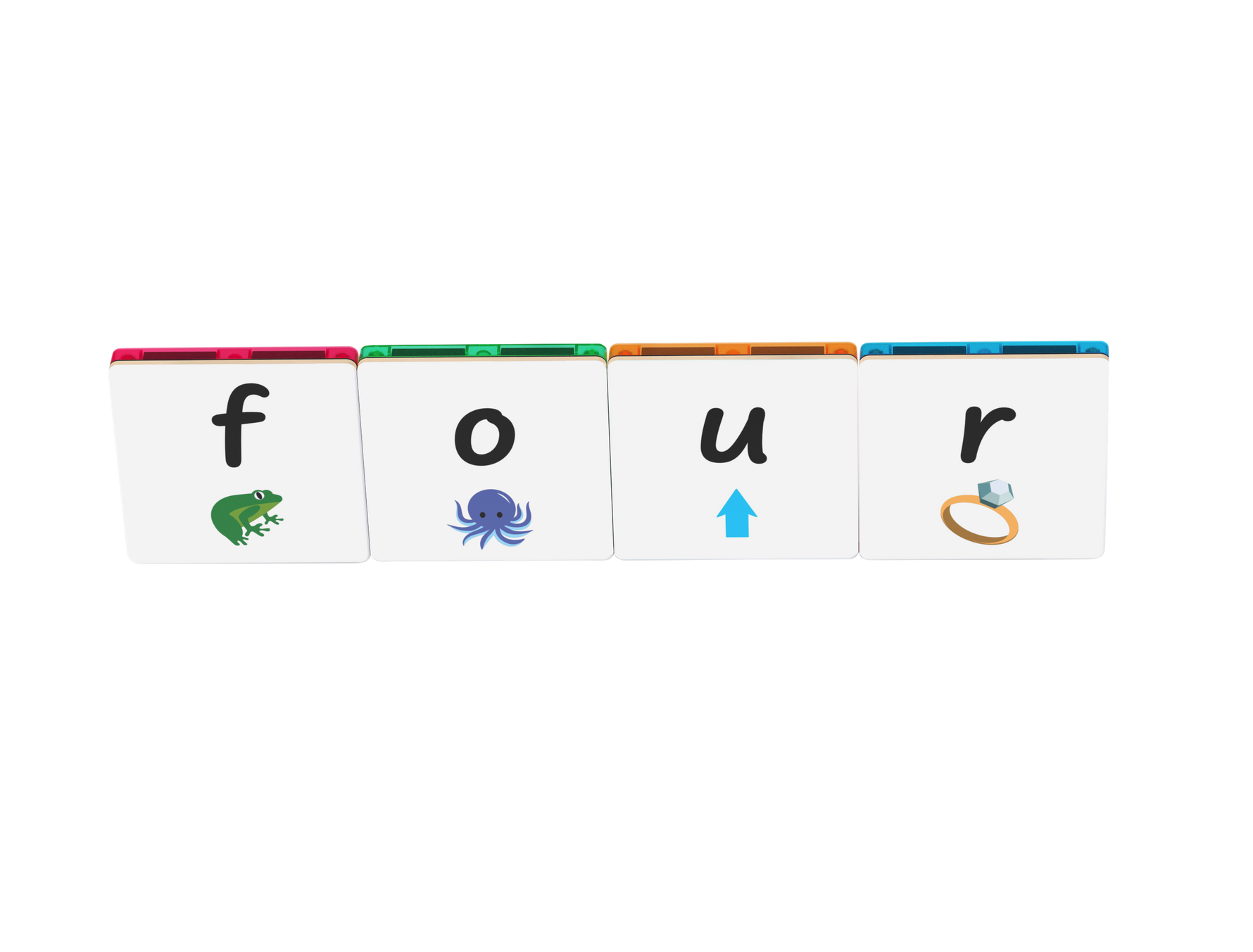 Educational toy with tiles spelling 'four' on a white background