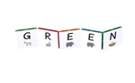 Colourful upper case alphabet tile topper letters spelling 'GREEN' and corresponding icons on a white background