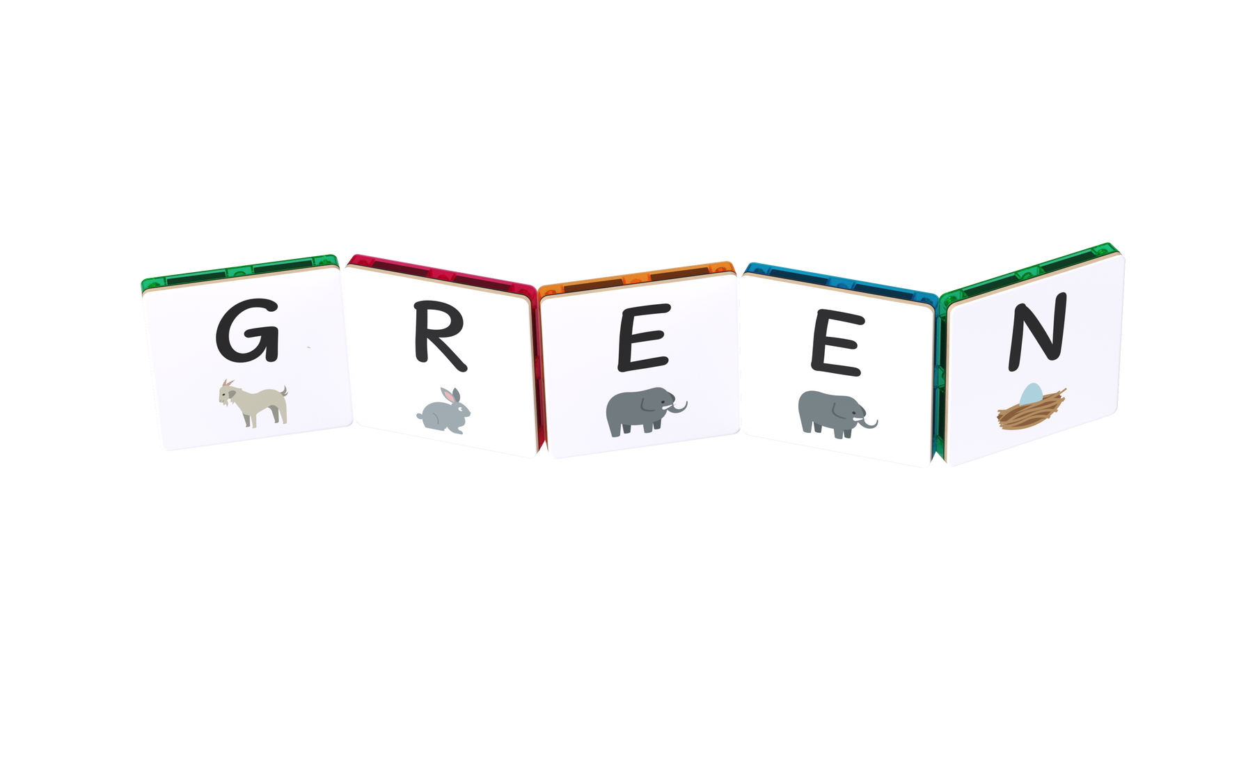 Colourful upper case alphabet tile topper letters spelling 'GREEN' and corresponding icons on a white background