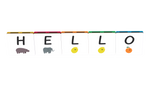Colourful alphabet tile topper letters spelling 'HELLO' and corresponding  illustrations on a white background