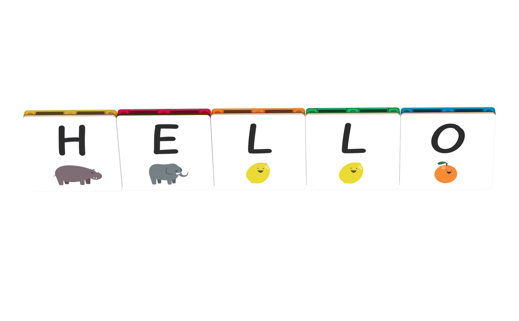 Colourful alphabet tile topper letters spelling 'HELLO' and corresponding  illustrations on a white background