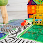 Train topper play set up with magnetic_tile_station and wooden and felt papoose trees