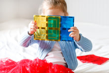 Load image into Gallery viewer, Learn and Grow large square tile pack showing girl holding the yellow and blue tiles
