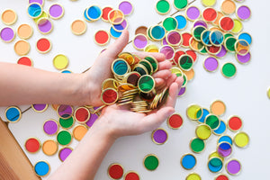 Brighly coloured Metal Rimmed Counting Chips for counting, sensory and creative play with magnets
