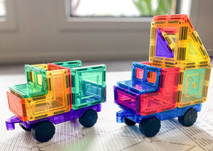 Magnetic tiles vehicles in rainbow colours displayed